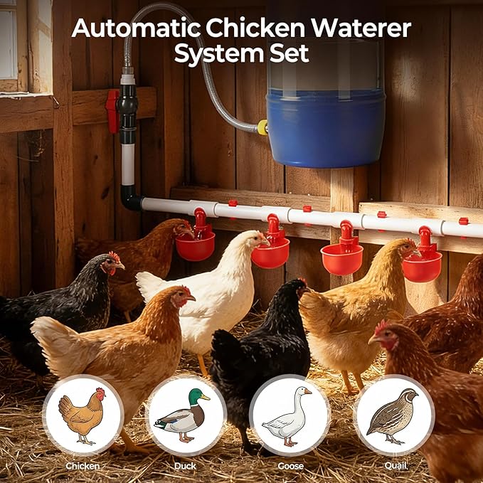 37 Pcs Automatic Chicken Waterer System Set, Chicken Watering System Kit with 4 Chicken Water Cups, Float Valve, Water System for Chickens Ducks Quail Poultry