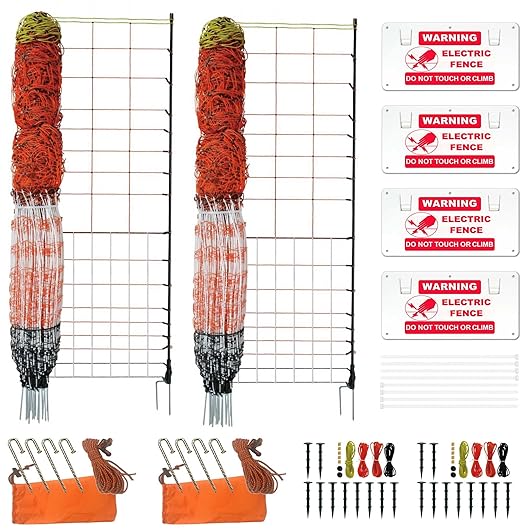 Electric Premium Poultry Netting Fence 59”H x 98.5’L - Versatile Portable Electric Fencing for Flying Chicken Sheep Goats Deer Hogs Dogs, Used in Backyards Homesteaders Farms and Ranches, PK2