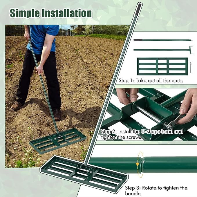 Happygrill Lawn Leveling Rake, Heavy Duty Lawn Level Tool for Soil w/67” Handle, Dirt Ground Leveler, Effort-Saving Landscape Rake for Garden, Backyard, Golf Course, Farm, Pasture (30" x 10", Green)