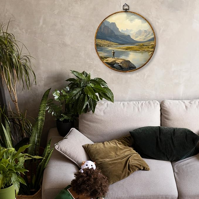 Hiuwevt Forest Fishermen Round Wall Art Decor, Vintage Moody Pine Tree Campsite Framed Canvas Prints, Retro Rustic Forest Camping Round Wall Hanging Decor for Bedroom Home Decorations, 10x10 Inches