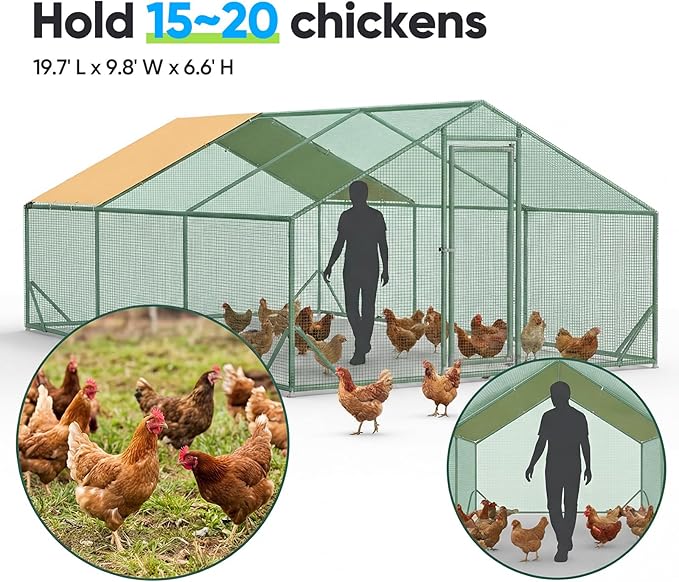 Quictent Premium Large Metal Chicken Coop Run Upgraded with Reinforced Hardware Cloth & 1.26" Galvanized Metal Tube, Walk-in Poultry Cage for Outdoor Yard Farm, Waterproof Cover, 19.7x9.8x6.6FT