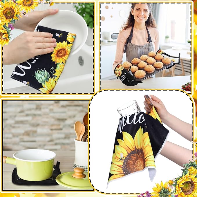 10 Pcs Sunflower Kitchen Dish Towels Rugs Oven Mitts and Pot Holders Set Farmhouse Kitchen Decor Set for Women Mom Daughter Gift Cooking Baking Grilling (Bright Black Yellow)
