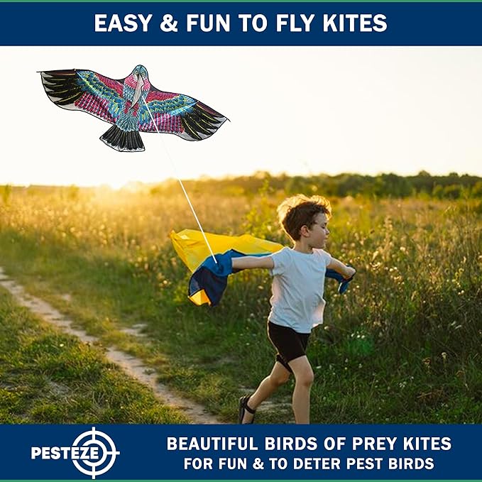 PESTEZE USA Red Eagle Kite 60x28 Inch. EZ to Fly Fun. Provides Humane Bird Deterrence in Yards & Farms. Protects Vegetables, Fruits & Crops from Pest Birds & Critters