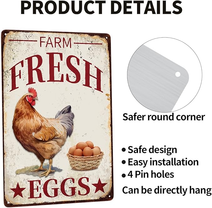 Chicken Vintage Metal Poster Farm Fresh Eggs Sign Decor-Retro Aluminum Funny Metal Tin Sign for Kitchen Farmhouse Store Market Country Farm Barn Supermarket, Outdoor Wall Signs Gift, 12''x 8''