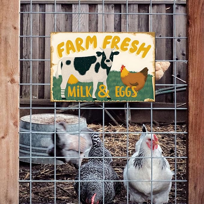 Vintage Metal Sign Farm Fresh Tin Sign Cow Chicken Milk and Eggs Rustic Decor Funny Metal Wall Art Painting Home Kitchen Farmhouse Ranch Zoo Cave Wall Decor Retro Decoration 12x8 Inch