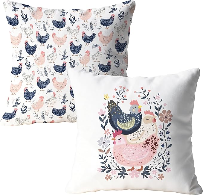 Rustic Floral Chicken Pillow Covers 18x18, Chicken Lover Lady Mom Gifts, Cottagecore Flower Farmhouse Hen Decorative Throw Pillow Covers for Home Bedroom Living Room, Set of 2,Color-3