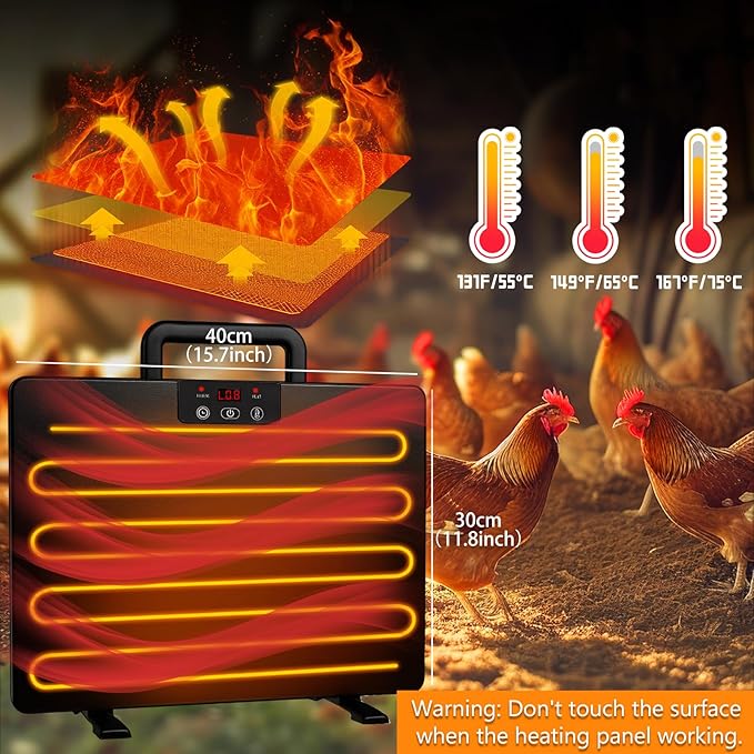 2 in 1 Winter Chicken Coop Heating Kit with Smart Thermostat, 15.7" x 12" 200W Adjustable Coop Heater for 20 Chicks & 75W Heated Waterer, 3 Temp Settings & 5 Timer Modes, Energy Efficient for Chickens