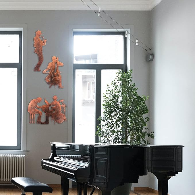 J-Fly Music Art Wall Decor Jazz Decoration Cowboy Metal Wall Art Rustic Indoor and Valentine Home Decor With Saxophone Cello Drum Kit And Piano,Brown