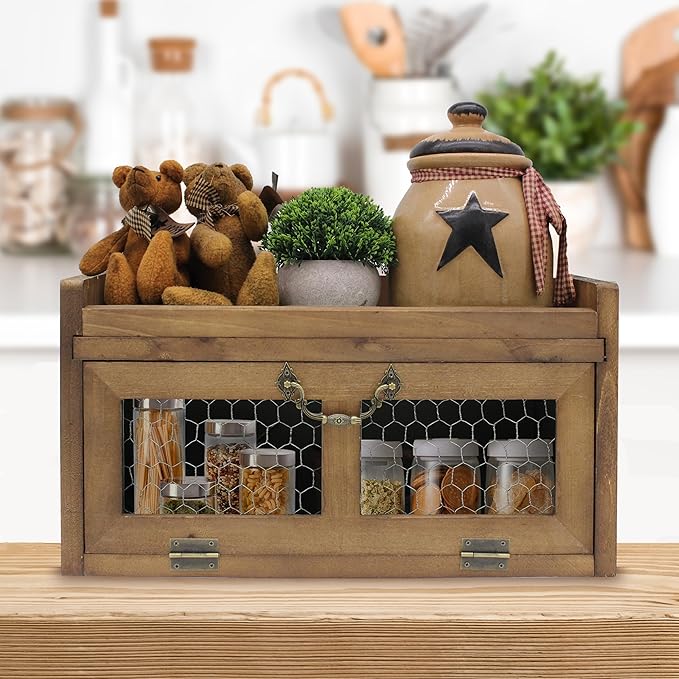 Farmhouse Countertop Storage Organizer, Rustic Wood Kitchen Cabinet with Chicken Wire, Kitchen Pantry Display Shelf, Country Vintage Style. Distress Brown