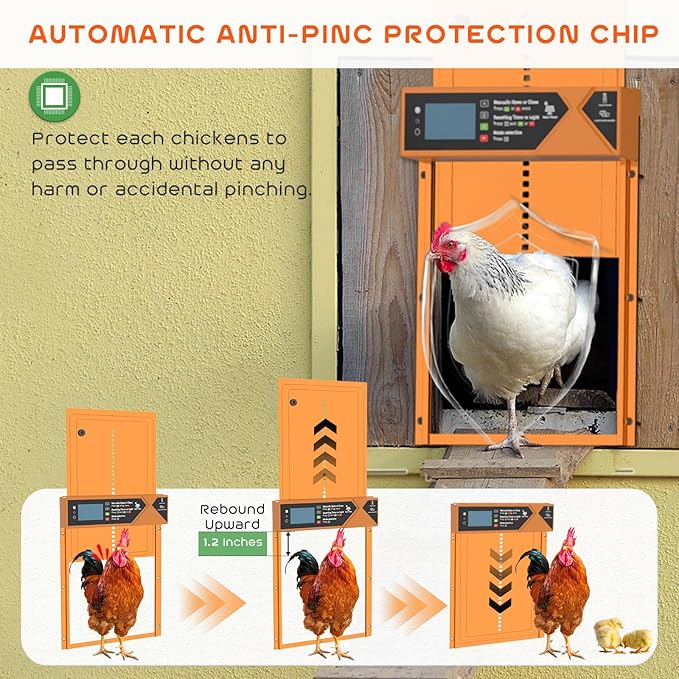 Large Automatic Chicken Coop Door, 4000mAh High Capacity Chicken Coop Door 7W Solar Powered with Timer & Light Sensor, Anti-Pinch Auto-Aluminum Chicken Door with Wire Clip & Remote Control-Orange