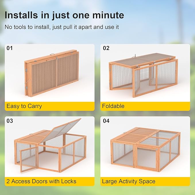 Chicken Coop Run Rabbit Cage No Assembly Portable Chicken Run Bunny House with Top & Side Opening Doors,Outdoor Small Animal Playpen Wooden Chicken Brooder Box Guinea Pig Cage 45"x 42"x 20"