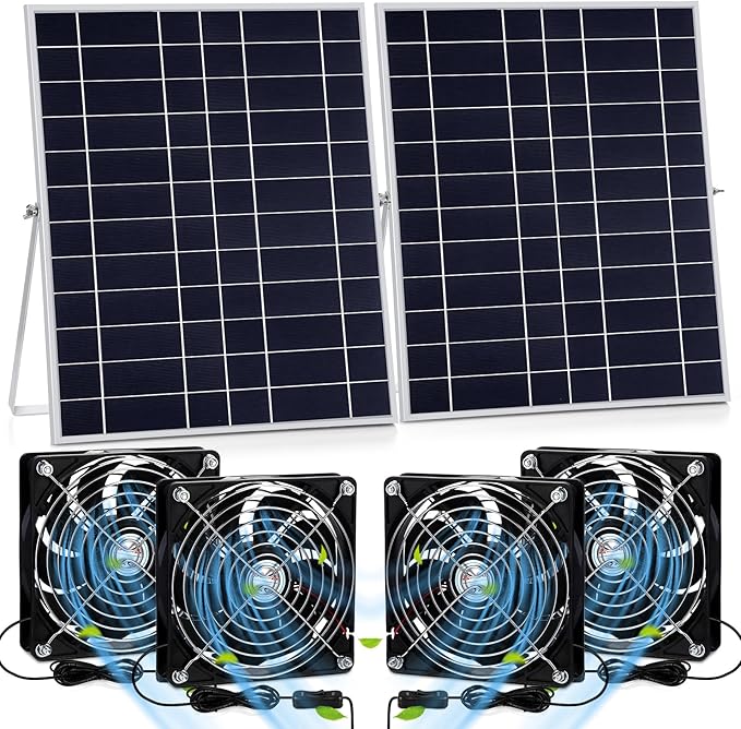 2 Set 20w Solar Powered Fan Kit for Chicken Coop IP67 Waterproof Dual Solar Greenhouse Fan 3500 RPM High Speed Exhaust Fan with 10ft Cable for Shed Pet House Window Outside Inside