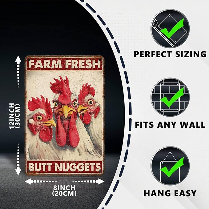 Funny Chicken Metal Signs Coop Decor Farm Fresh Butt Nuggets Tin Signs Vintage Farmhouse Poster Rustic Wall Decor For Home Outdoor Farm Poultry House Yard Cafe Kitchen Garden 12 * 8 In