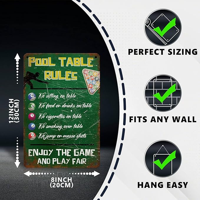 Retro Pool Table Rules Tin Sign Vintage Metal Poster Nostalgic Wall Art Bar Pub Man cave Shop Living Room Bedroom Game Room 12 * 8 In