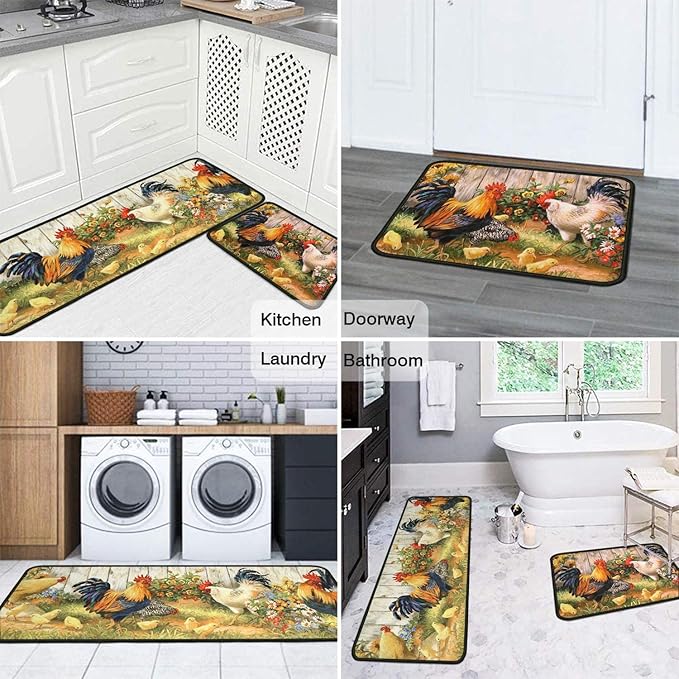 Roszwtit Rooster Kitchen Rug, Farmhouse Kitchen Rugs and Mats Set of 2, Kitchen Sets Low-Profile Washable Floor Mat for Home Kitchen Decor - 17x29 and 17x47 Inch