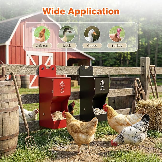 2Pack Chicken Grit Feeder, Metal Oyster Shell Feeder with Weatherproof Lid and Drain Holes, Hanging Gravity Chicken Grit Feeder, Coop Accessories for Hens and Chicks
