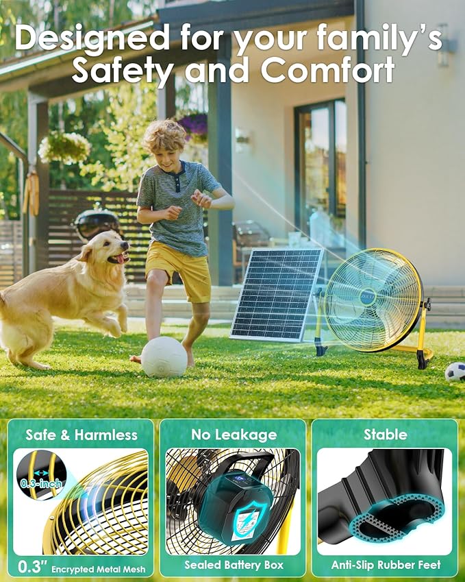 ZHULI 18" Solar Fan, Portable Battery Operated Floor Fan, Rechargeable Cordless Camping Fan, 40W Solar Panel, Hi-Velocity Brushless Motor, Metal blade, USB Phone Charge, 8~60H Runtime, Quiet, Wireless