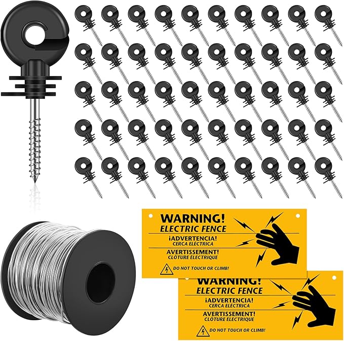 53 Pcs Electric Fence Set 250FT Electric Fence Wire 50 Pcs Electric Fence Insulators and 2 Pcs Electric Fence Warning Signs for Animal Husbandry Electronic