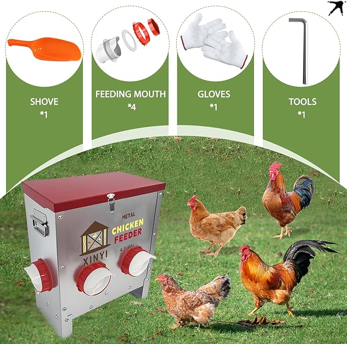 25lbs Metal Chicken Feeder, 4 Ports Galvanized Feeder, Goat Proof Auto Chicken Feeder, Weatherproof Chicken Food Dispenser System for Outdoor Coop,4.1 Gallon