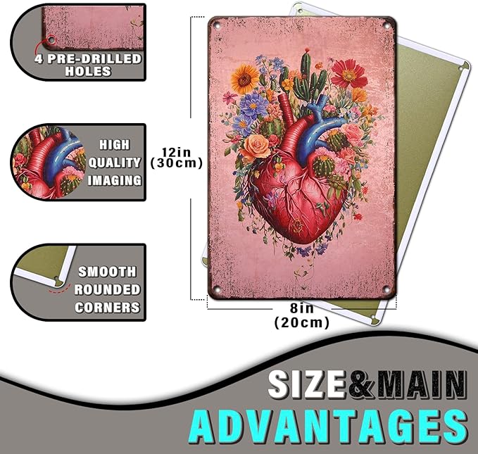 PEACHGARDEN Metal Sign Cactus Heart Wall Decor Vintage Posters Funny Tin Sign for Home Bathroom Kitchen Farmhouse Office Room Wall Decor 8x12inch