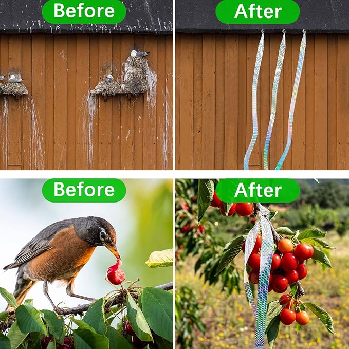 [984FT] Effective Birds Scare Reflective Ribbon Reflectors,Dual-Sided Flashing Streamers to Keep Pigeons, Hawks, Woodpeckers, Geeses Away from Trees Plants Crops Garden Porch,2*Rolls