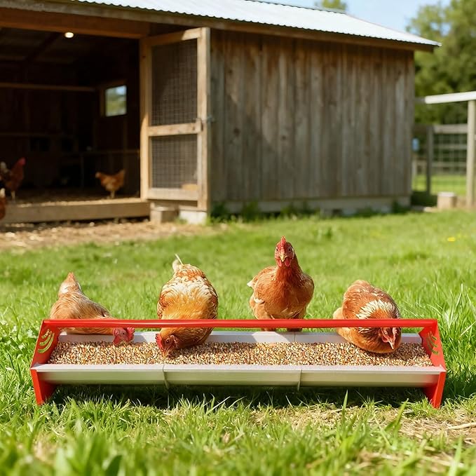 47" Chicken Trough Feeder - Galvanized Steel Feed Trough with Drainage Holes & Red Crossbar for Chicken, Duck, Turkey | Heavy Duty, Rust-Proof & Easy-Clean Design