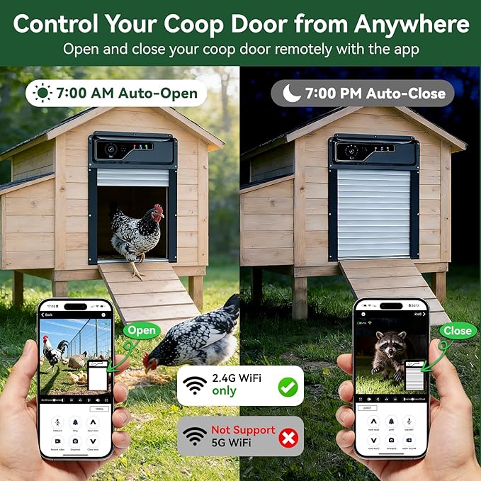 Automatic Chicken Coop Door with Camera, Solar Powered Smart Chicken Door with WiFi App Control, 1080P HD Night Vision, 5000 mAh Battery, Anti-Pinch Safety, Smart Alerts, Space-Saving Roll-Up Design