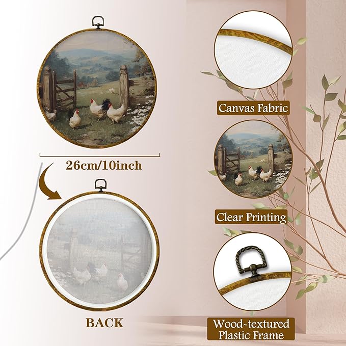 shiviody Vintage Farmhouse Chicken Canvas Wall Art Decor, Rustic Cottagecore Countryside Chicken Farm Animals Landscape Round Hanging Frame Prints Decorations for Home Bedroom Living Room 10"x10"