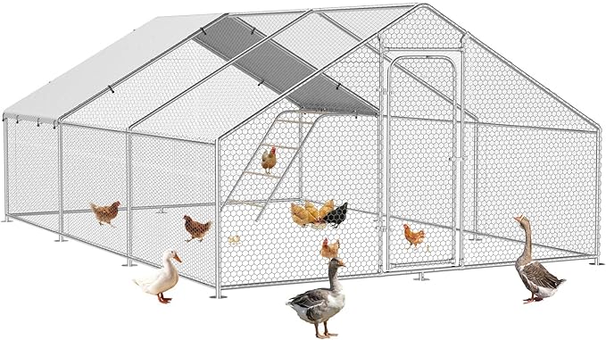 Large Metal Chicken Coop Run with Roosting Perch, Outdoor Waterproof and UV-Resistant Cover for Chickens, Ducks, Rabbits, and Hens in Yard or Farm Use Spire Roof (13.1'Wx19.7'Lx 6.5'H)