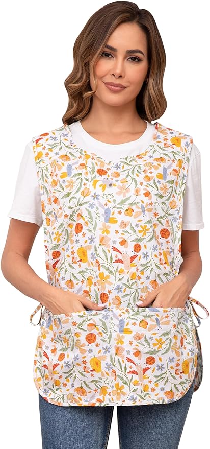 Nanxson Women Cobbler Apron with 2 Patch Pockets Cotton printed Smock with Side Ties for Work Chef kitchen CF3187