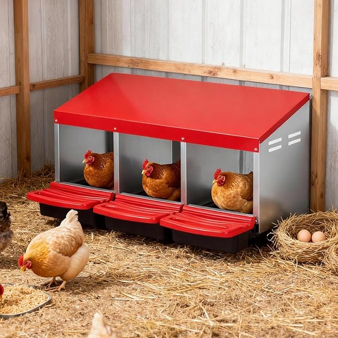 GarveeHome Chicken Nesting Boxes, 3 Compartments Metal Chicken Laying Box with Swing Perch, Roll Out Egg Collection with Large Vented Holes for Chickens, Hens, Large Egg Laying Boxes