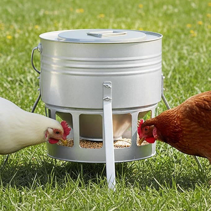 KOL Metal Chicken Feeder - 20lbs No Waste Chicken Feeder with 12 Ports, Powder Coated Rust-Proof Design & Smooth Edges for Safe Feeding (Silver)