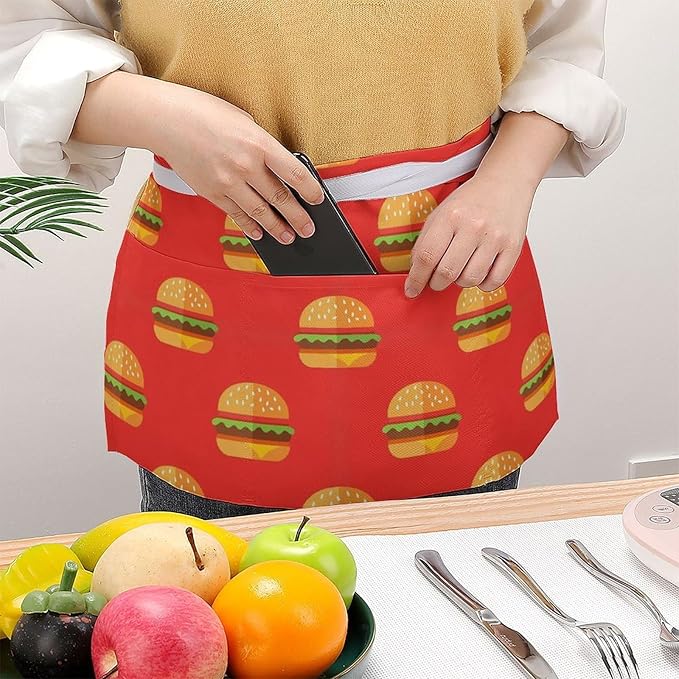 Unisex Apron for Cooking Server Waitress Half Waist Apron with 3 Pockets