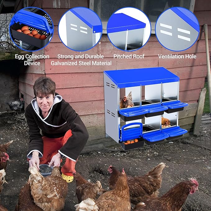 Chicken Nesting Box,Chicken Laying Boxes with 3 Compartment Metal Stainless Steel,Chickens Egg Laying Nest Boxes with Rollout Egg Collection,Chicken Brooder Box with Perch, Blue