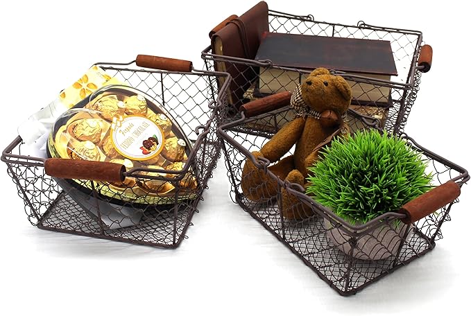 CVHOMEDECO. Primitive Chicken Wire Gathering Baskets with Wood Handle Rectangular Farmhouse Storage Baskets Set, Rusty, Set of 3
