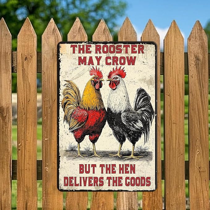 Funny Chicken Signs The Rooster May Crow But The Hen Delivers The Goods Aluminium Sign Metal Chicken Signs Decor Home Ktichen Farm Are Wall 12x16 Inch Vintage Chicken Signs Metal Tin Poster
