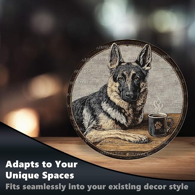Vintage German Shepherd Dog Round Metal Sign Retro Coffee Tin Sign Nostalgic Dog Lovers Wall Decor Decorations for Home Bedroom Living Room Cafe Bar Man cave Office 8 * 8 In