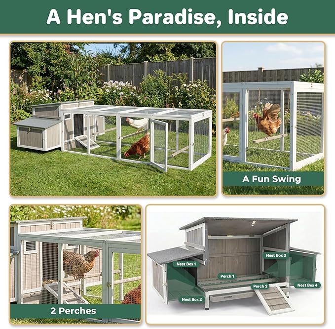 PetsCosset 106" Chicken Coop with Run, Large Chicken Tractor Outdoor Hen House for 2-6 Chickens with 4 Nesting Boxes, 4 Roosting Bars, Openable Roof, Fun Swing Pull-Out Tray for Farm Yard