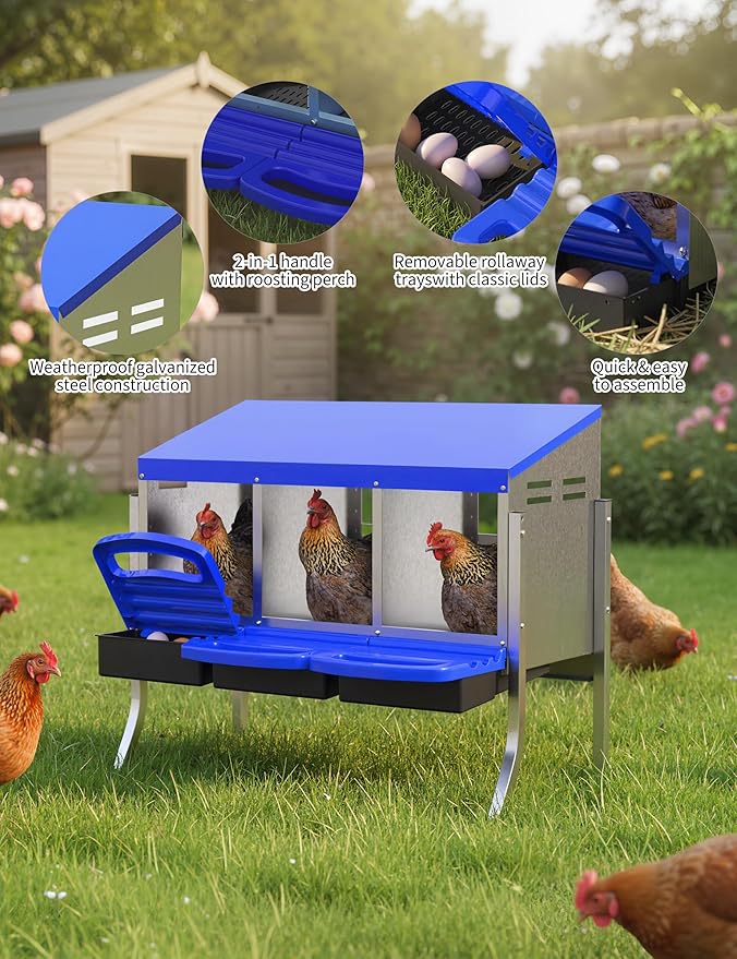 Chicken Nesting Boxes, 3 Hole Metal Rollaway Nest Box for Laying Hens with Cleanable Pull-Out Trays Wall Mount or Placed Design for Easy Egg Collection & Cleaning(Includes Legs)