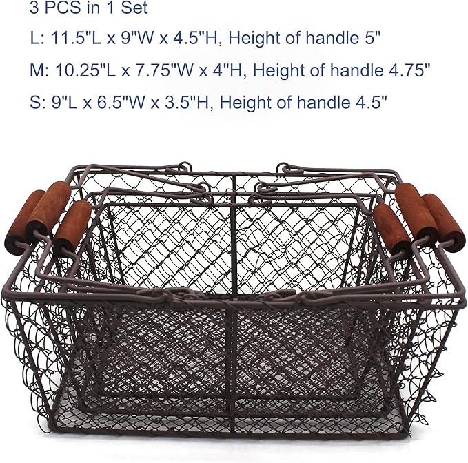CVHOMEDECO. Primitive Chicken Wire Gathering Baskets with Wood Handle Rectangular Farmhouse Storage Baskets Set, Rusty, Set of 3
