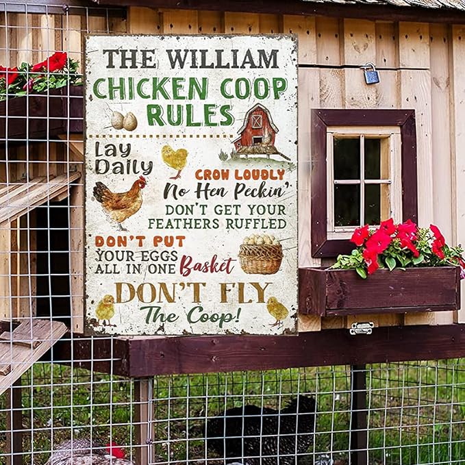 Personalized Classic Metal Chicken Coop Rules Sign, Custom Farm Sign for Chicken Family