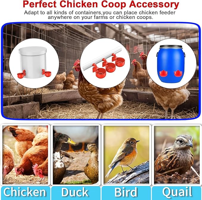 24 Pack Automatic Chicken Waterer Cups Kit, Gravity-Fed Poultry Drinker with PVC Tee Fittings for DIY 1/2" Pipe System for Chickens, Ducks & Turkeys (12 Cups + 12 PVC Tees, 24-Piece Kit)