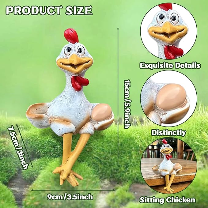 Funny Chicken Decor Sculpture - Sitting Cartoon Chicken Statues for Garden Backyard Resin Chicken Figurine for Fence Yard Home Patio Office Cute Animal Statues for Farmhouse Tabletop Decor