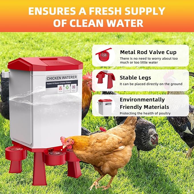 Heated Chicken Waterer, 2 Gallon Thermostatic Poultry Drinker with 4 Cups, Outdoor Winter Water Heater with Leg Base for Chickens, Ducks, Geese, Turkeys, Anti-Freeze Automatic Watering System