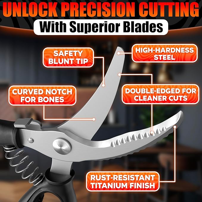 Poultry Shears Heavy Duty – Stainless Steel Chicken Shears | Meat, Vegetables, Seafood | Fish Scale Remover & Bone Scissors | Bone Cutting Scissors with Non-Slip Serrated Saw-Like Edge, Safety Lock