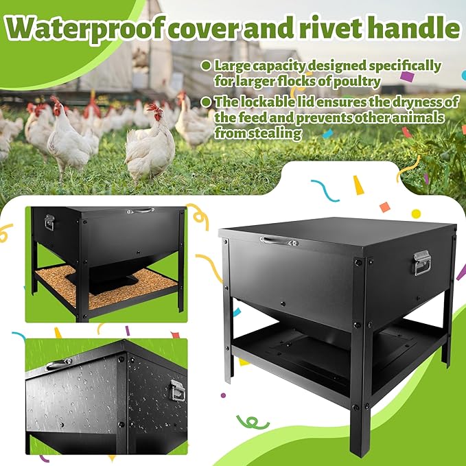 All Metal Chicken Feeder 80LB No Waste Automatic Chicken Feeder Galvanized Steel Chicken Feeding Box Portable Poultry Feeder with Waterproof Lid and Handle for Chickens Ducks and Goose