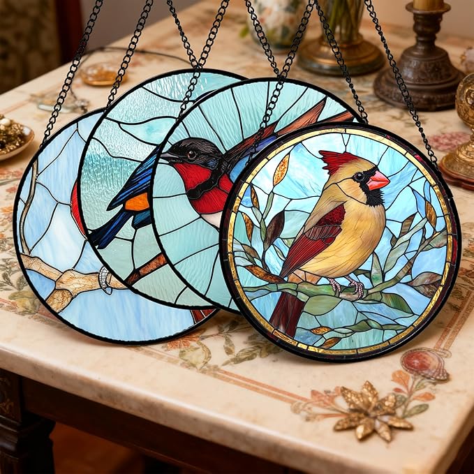 Stained Glass Window Hanging 4 Pcs Set Cardinal Blue Birds 6.3" - Suncatcher Door Garden Sun Catcher Decor Birthday Mother's Day for Bird Lovers Men Woman Nana Friend
