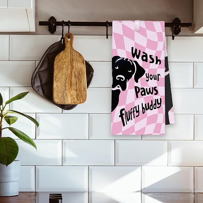 Pink Cute Dog Labrador Bathroom Kitchen Towels, Checkered Wash Your Paws Hand Towel for Bathroom, Funny Gifts for Dog Lovers, Trendy Preppy Dish Towels Decor for Dorm Girly Room 16x24in