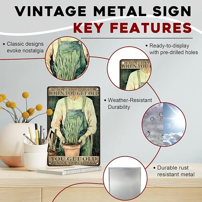 Vintage Gardening Tin Sign Metal Wall Decor Rustic Farmhouse Theme You Get Old When Stop Gardening Saying 8x12inch