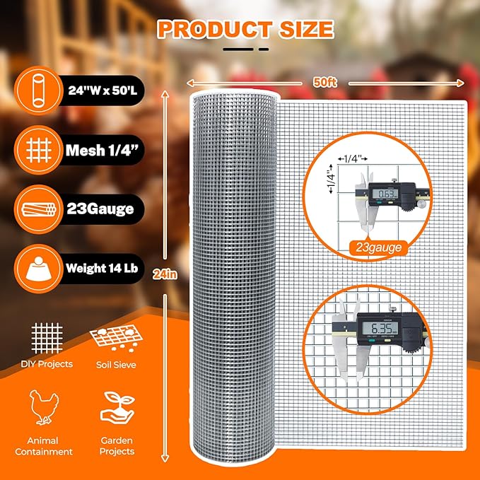 1/4'' 24'' X 50' Hardware Cloth, 23 Gauge Chicken Wire Fencing Double Layer Hot Dip Galvanizing, Wire Mesh Fence for Fence, Chicken Coop, Rabbit/Snake Fence, Poultry Fence